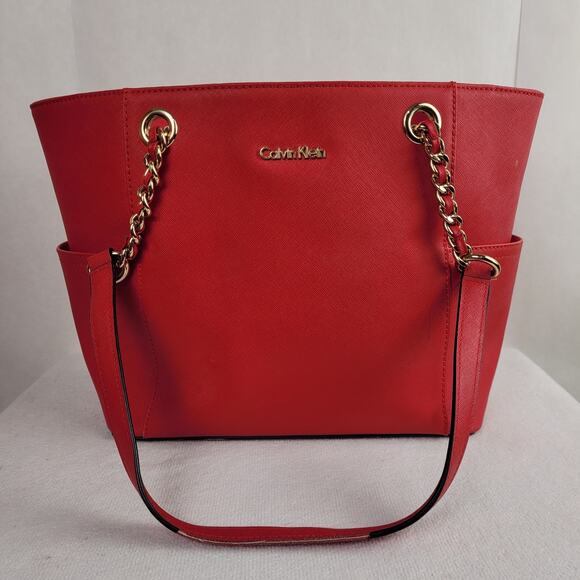 Calvin Klein Hayden red saffiano leather chain strap tote bag - Picture 1 of 7